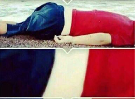 مقایسه در قالب تصویر سازی جالب/ جنازه کودک مهاجر سوری و پرچم فرانسه